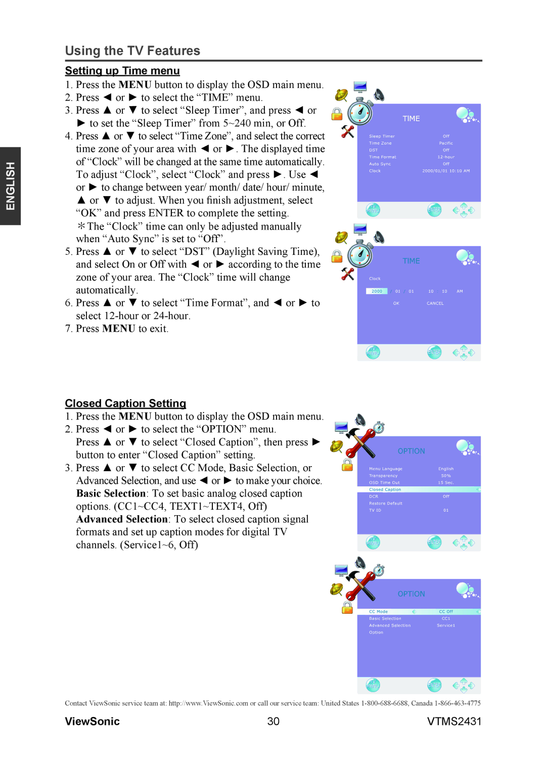 ViewSonic VTMS2431 warranty Setting up Time menu, Closed Caption Setting 