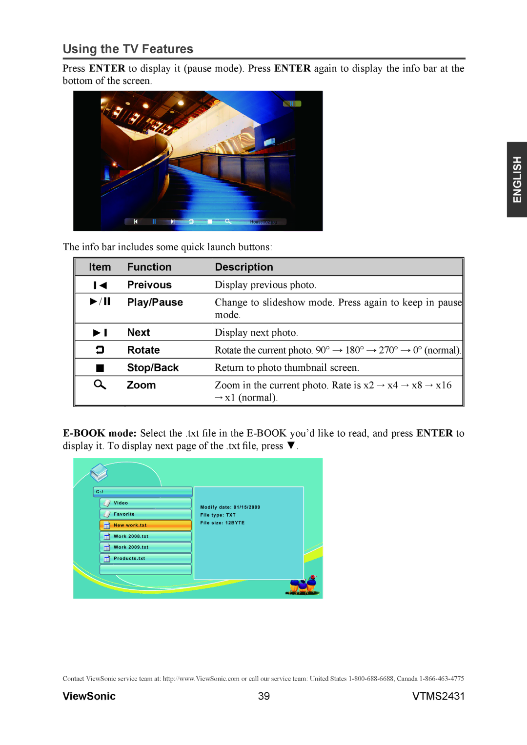 ViewSonic VTMS2431 warranty Function Description Preivous, Play/Pause, Next, Rotate, Stop/Back, Zoom 