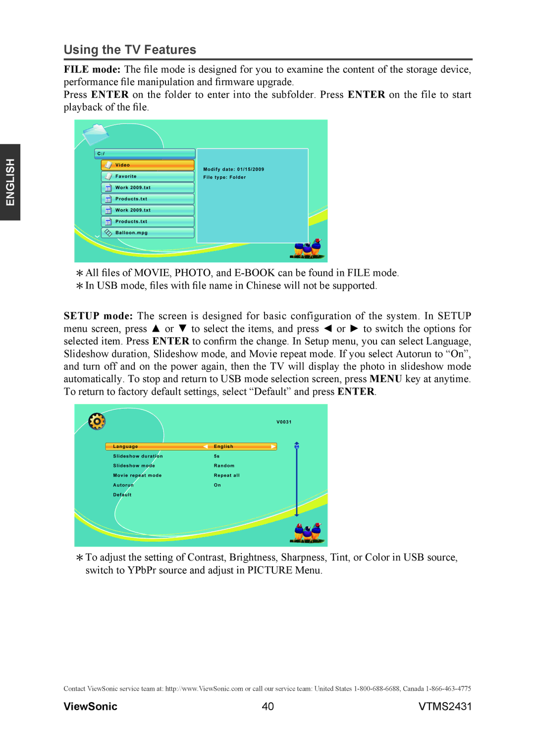 ViewSonic VTMS2431 warranty Using the TV Features 