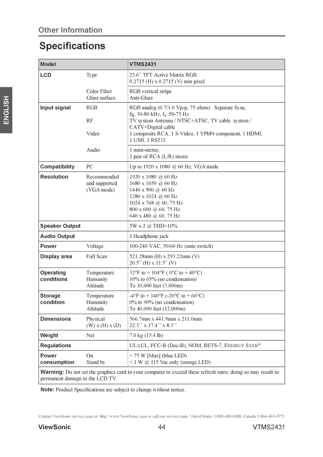 ViewSonic VTMS2431 warranty Specifications, Lcd 