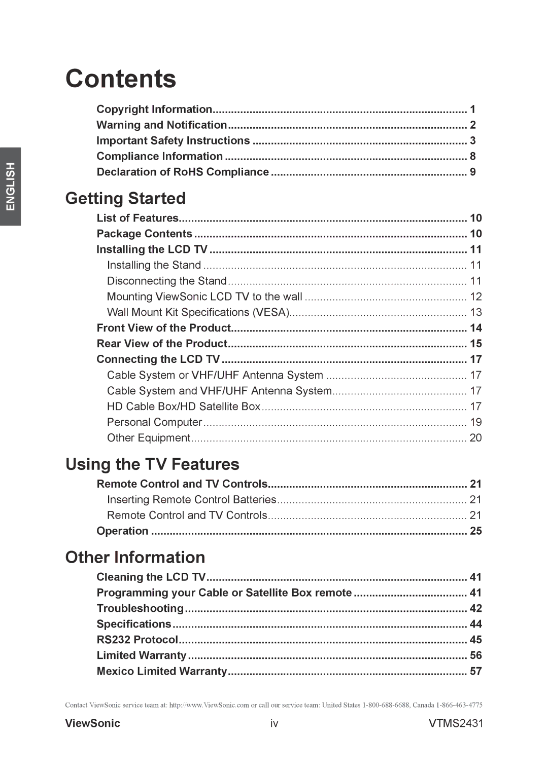 ViewSonic VTMS2431 warranty Contents 