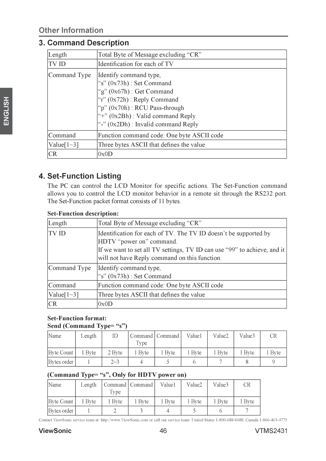 ViewSonic VTMS2431 warranty Set-Function description, Set-Function format Send Command Type= s 