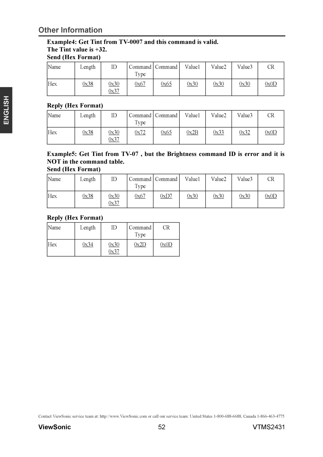 ViewSonic VTMS2431 warranty Not in the command table Send Hex Format 