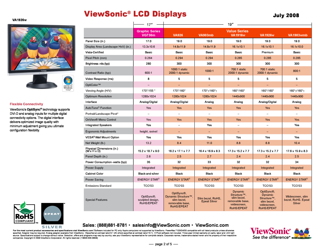 ViewSonic VX1932 Value Series, VA1926w, Flexible Connectivity, Graphic Series, VA926, VA903mb, VA1903wmb, page 2 of, July 