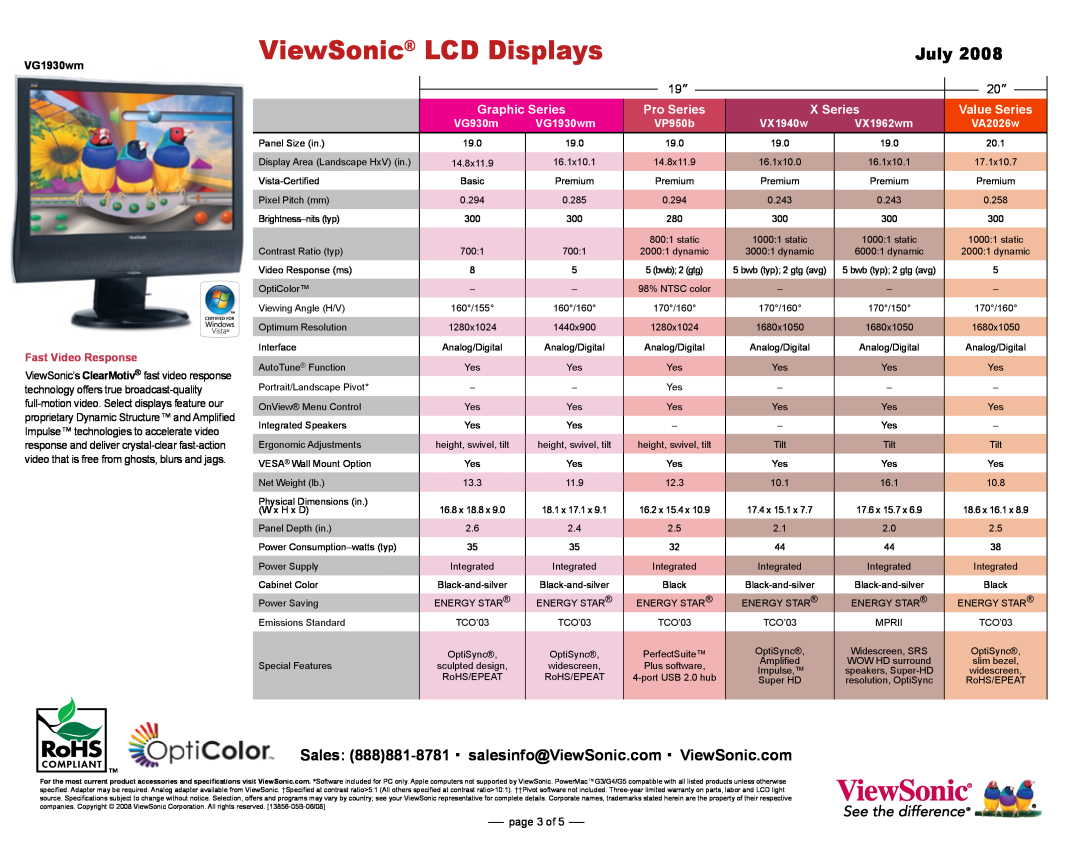ViewSonic VX1932 Graphic Series, Pro Series, X Series, VG1930wm, Fast Video Response, VG930m, VX1940w, VX1962wm, page 3 of 