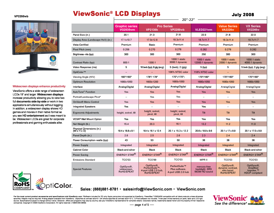 ViewSonic VX1932 20”-22”, Graphic series, VX Series, VP2250wb, VG2030wm, VP2130b, VLED221wm, VA2226w, VX2240w, July 