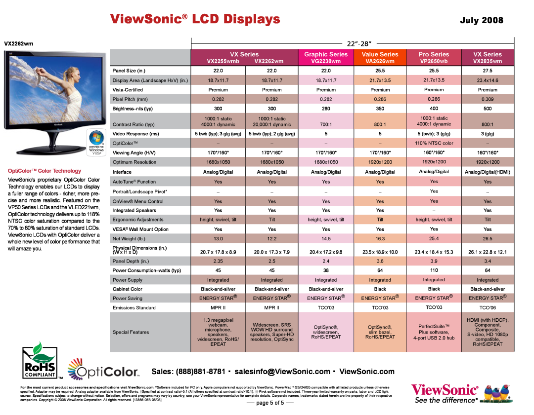 ViewSonic VX1932 22”-28”, VX2262wm, OptiColor Color Technology, VX2255wmb, VG2230wm, VA2626wm, VP2650wb, VX2835wm, July 