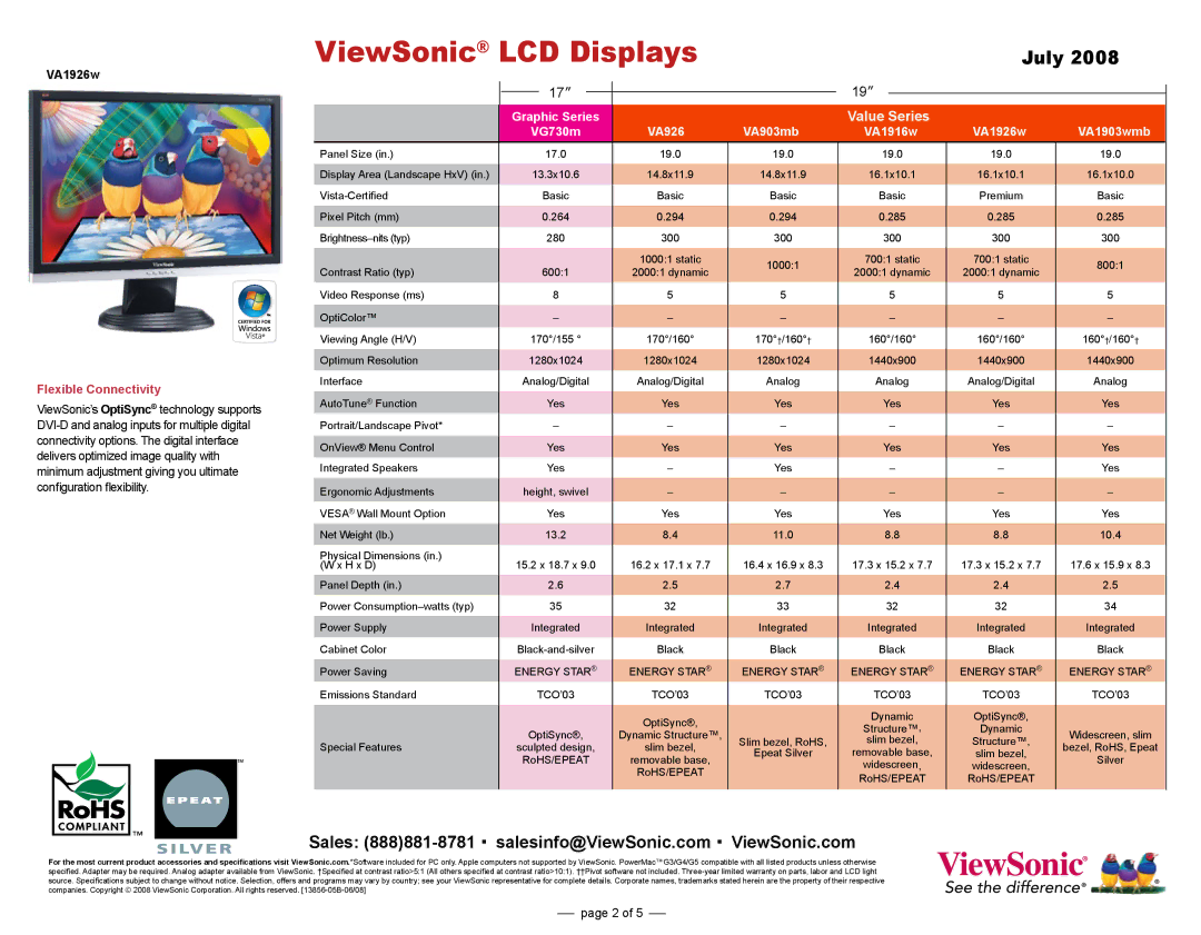 ViewSonic VX1932 dimensions Value Series, Flexible Connectivity, Graphic Series, VA926 VA903mb, VA1903wmb 