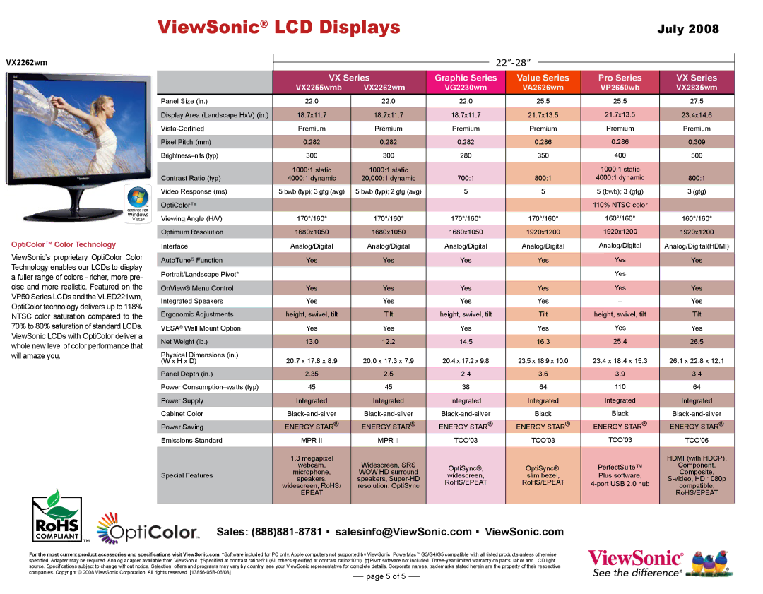 ViewSonic VX1932 VX Series Graphic Series Value Series Pro Series, OptiColor Color Technology, VX2255wmb VX2262wm, Epeat 
