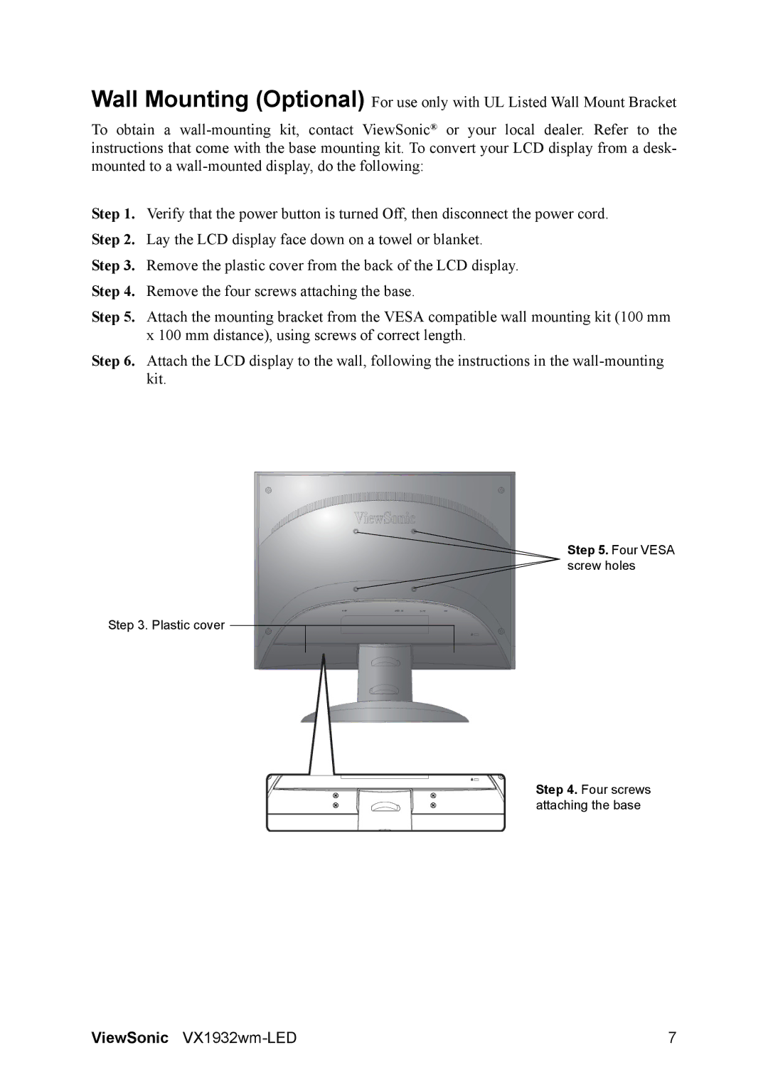 ViewSonic VX1932wm-LED warranty Four Vesa screw holes 