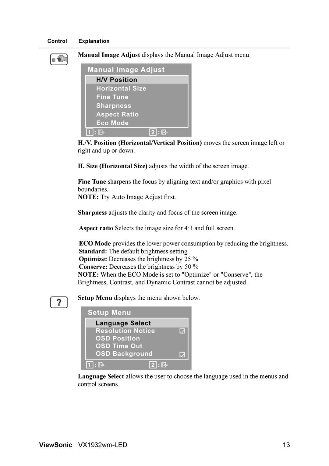 ViewSonic VX1932wm-LED warranty Manual Image Adjust displays the Manual Image Adjust menu 