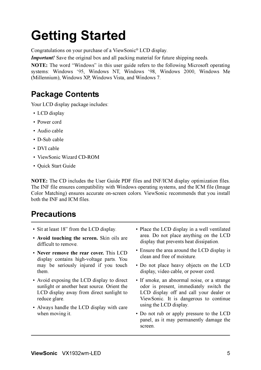 ViewSonic VX1932wm-LED warranty Package Contents, Precautions 