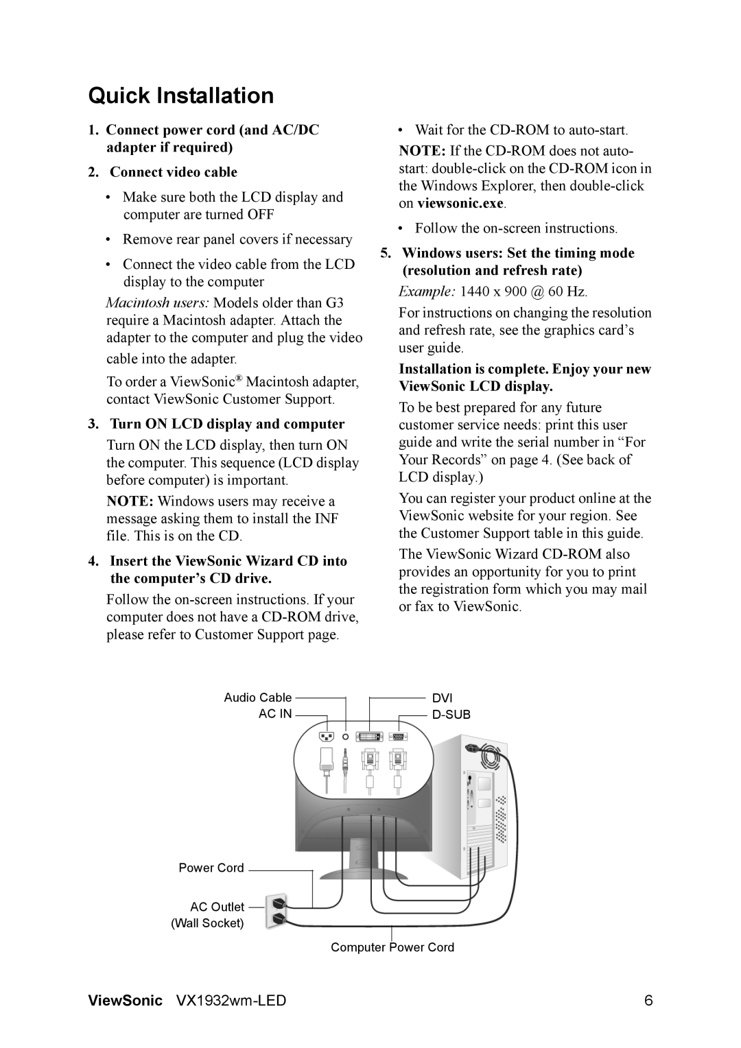 ViewSonic VX1932wm-LED warranty Quick Installation, Turn on LCD display and computer 