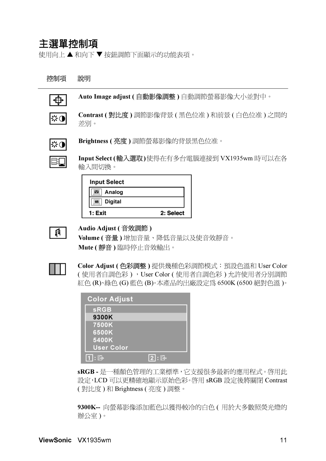 ViewSonic VX1935wm manual 主選單控制項, Mute 靜音 臨時停止音效輸出。 