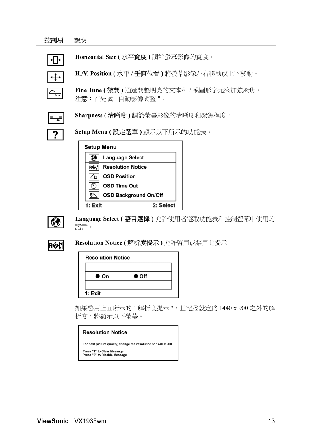 ViewSonic VX1935wm manual Setup Menu 設定選單 顯示以下所示的功能表。 