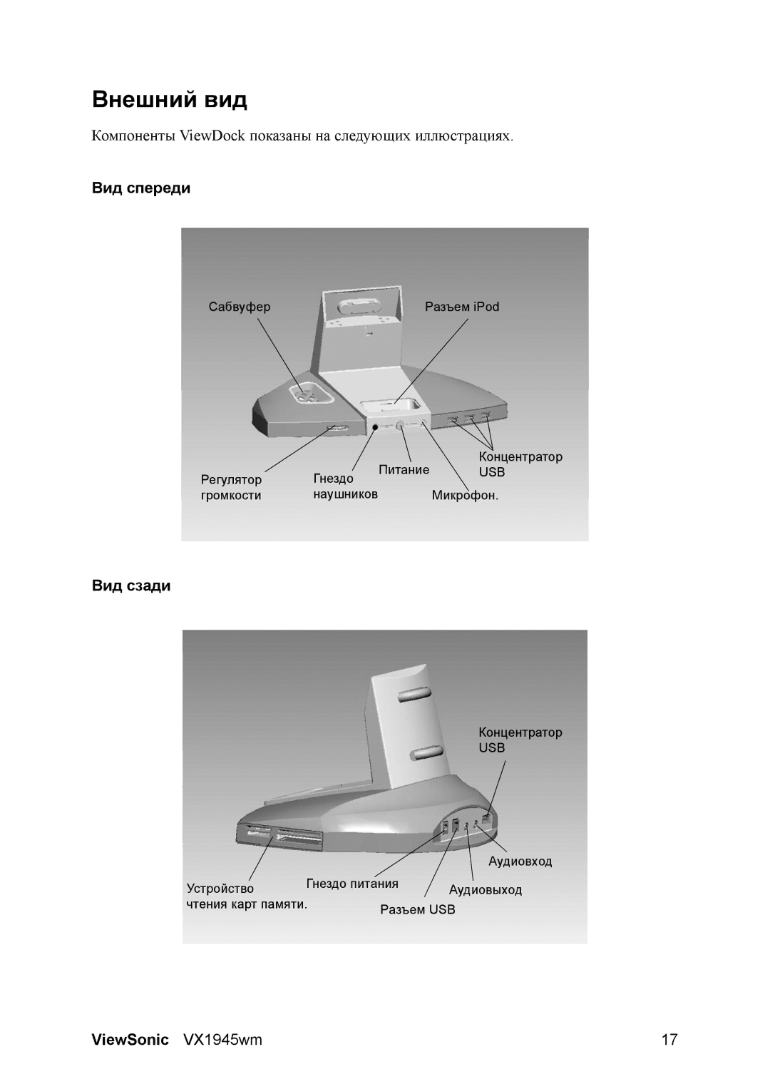 ViewSonic VX1945WM manual Внешний вид, Вид спереди, Вид сзади 