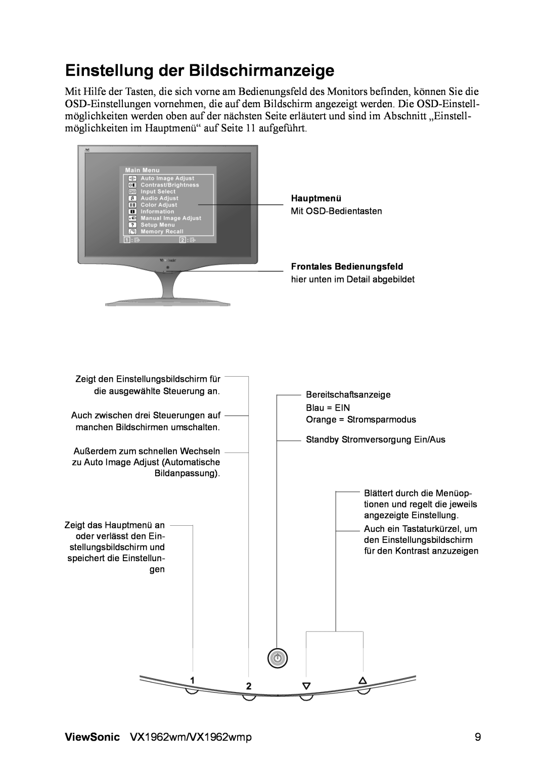 ViewSonic VX1962wm manual Einstellung der Bildschirmanzeige, Hauptmenü, Frontales Bedienungsfeld 