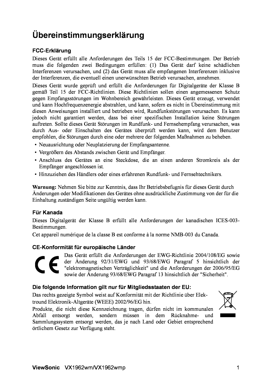 ViewSonic VX1962wm manual Übereinstimmungserklärung, FCC-Erklärung, Für Kanada, CE-Konformitätfür europäische Länder 