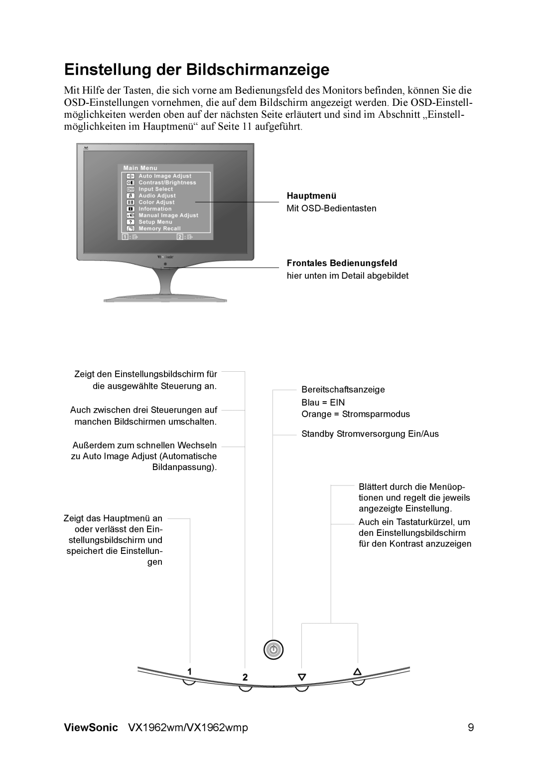 ViewSonic VX1962wm manual Einstellung der Bildschirmanzeige, Frontales Bedienungsfeld 