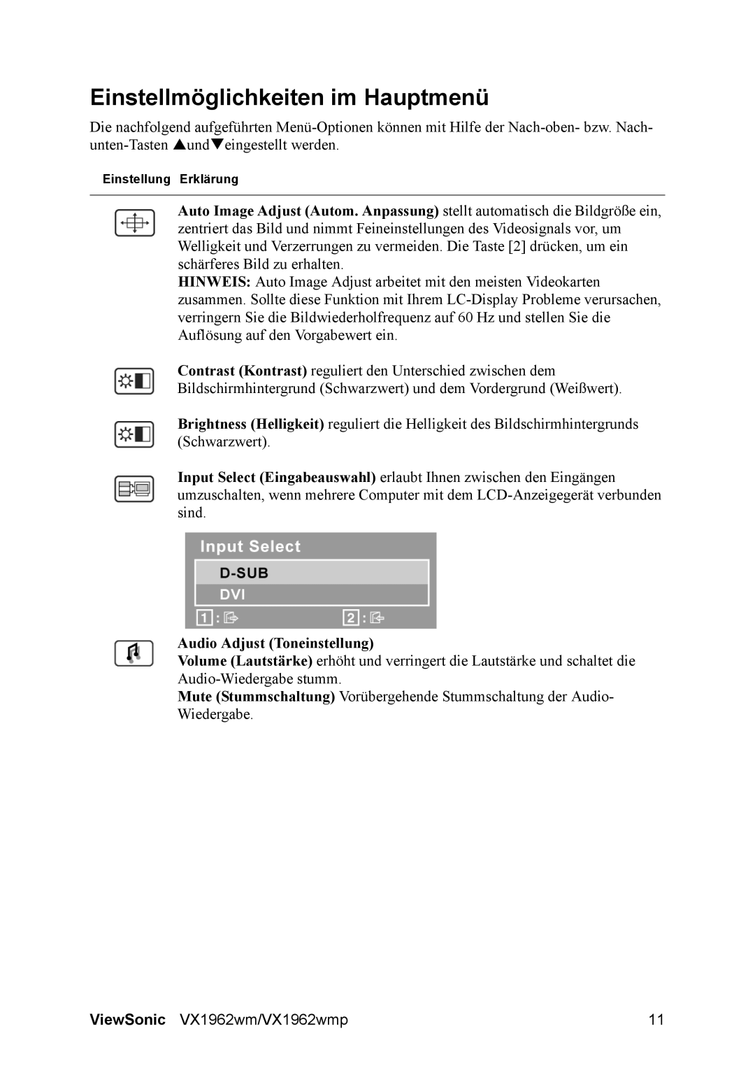 ViewSonic VX1962wm manual Einstellmöglichkeiten im Hauptmenü, Audio Adjust Toneinstellung 