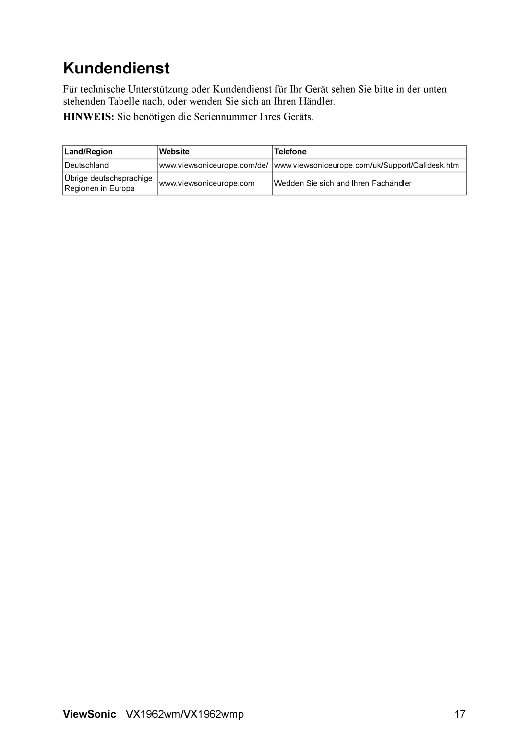 ViewSonic VX1962wm manual Kundendienst 