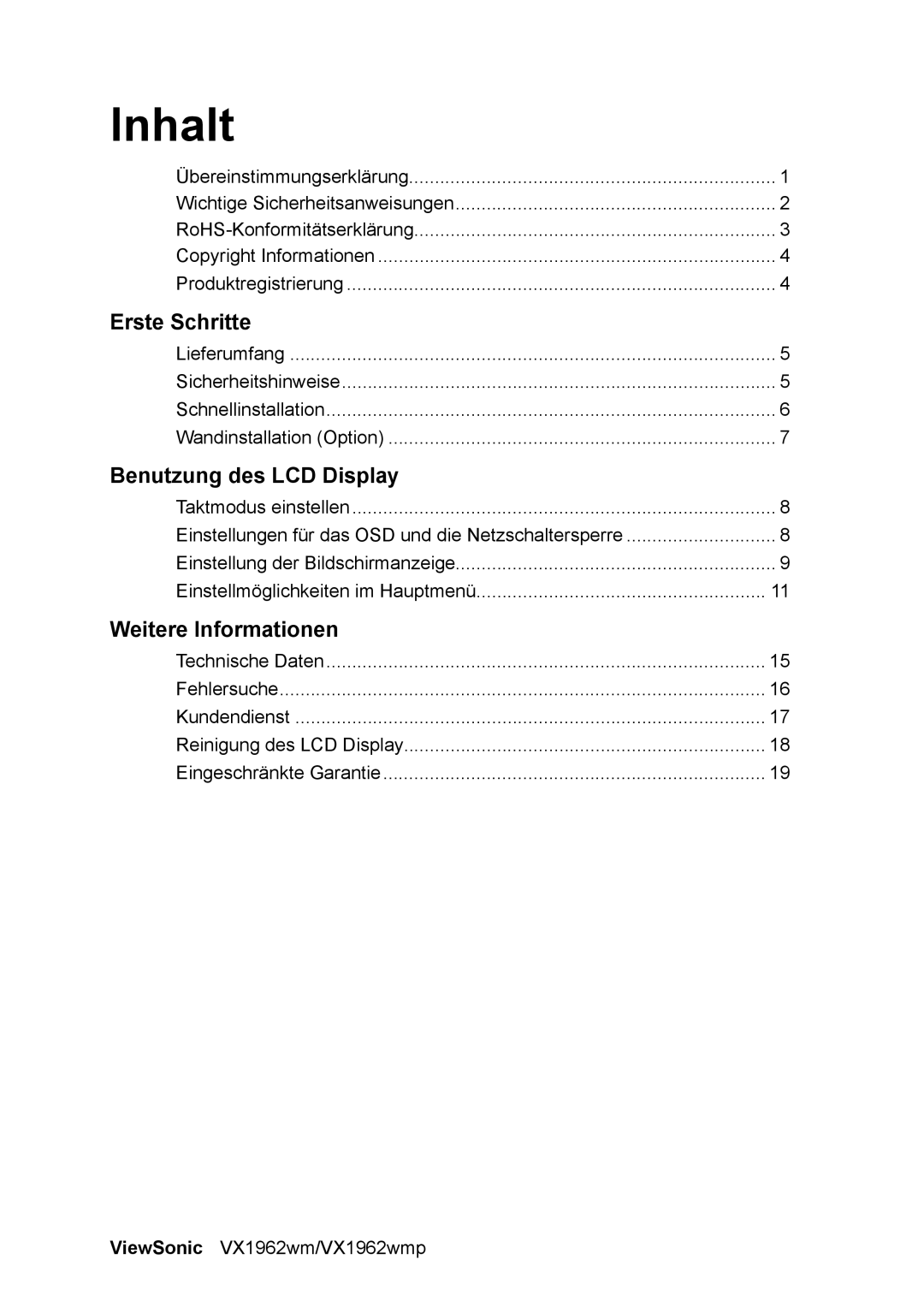 ViewSonic VX1962wm manual Inhalt, Benutzung des LCD Display 