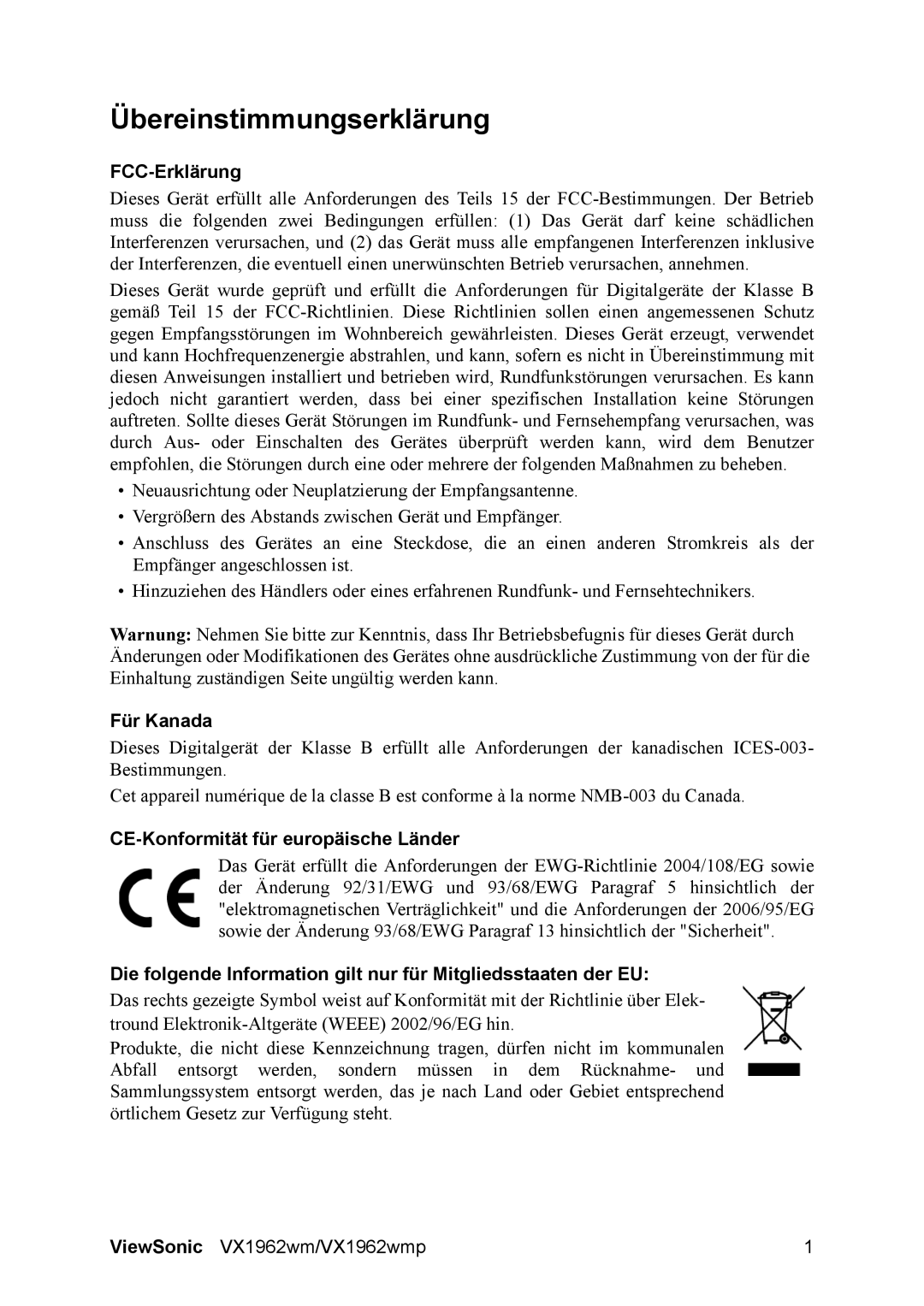 ViewSonic VX1962wm manual Übereinstimmungserklärung, FCC-Erklärung, Für Kanada, CE-Konformität für europäische Länder 