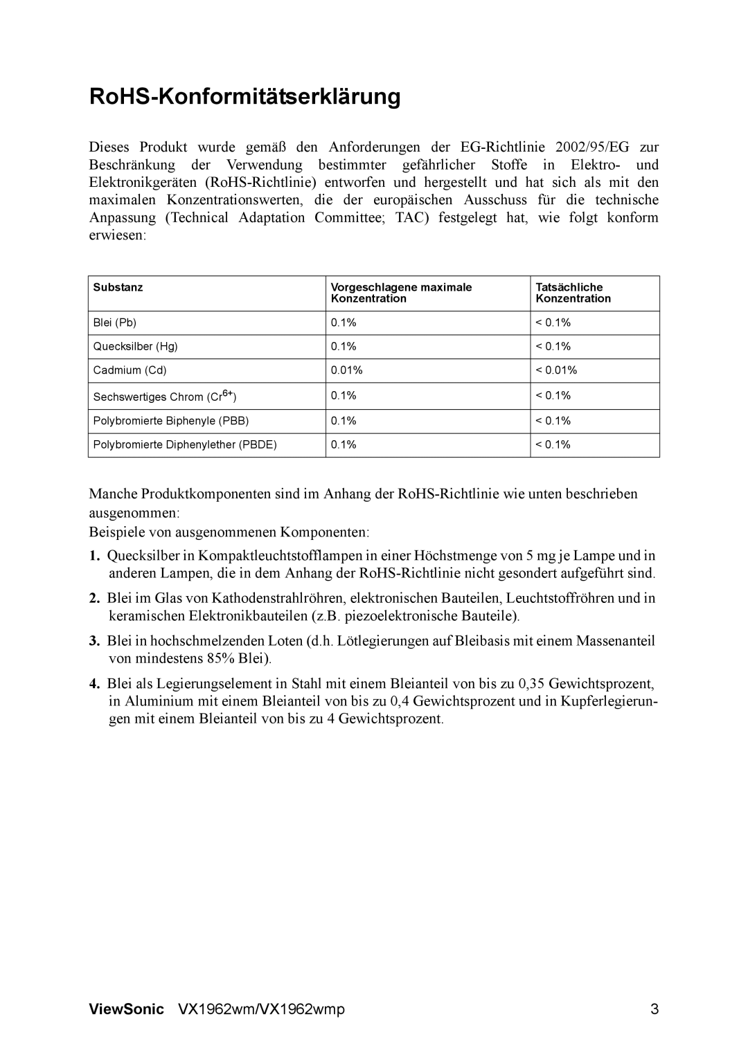 ViewSonic VX1962wm manual RoHS-Konformitätserklärung, Substanz Vorgeschlagene maximale Tatsächliche Konzentration 