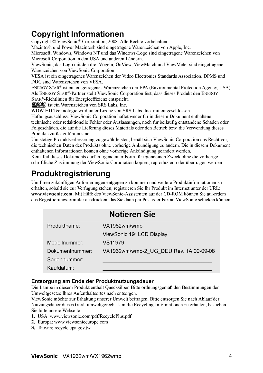 ViewSonic VX1962wm Copyright Informationen, Produktregistrierung Notieren Sie, Entsorgung am Ende der Produktnutzungsdauer 