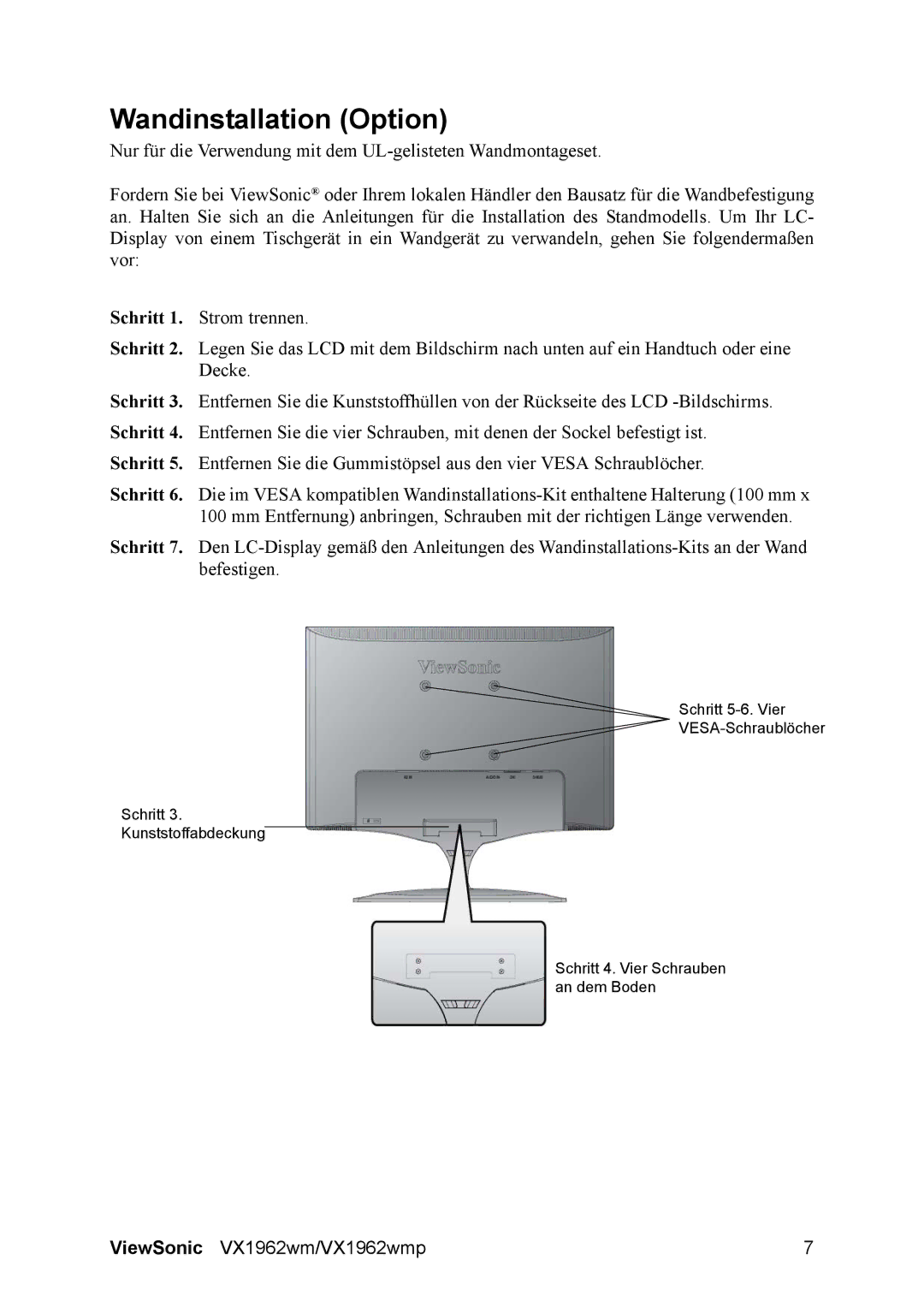 ViewSonic VX1962wm manual Wandinstallation Option 