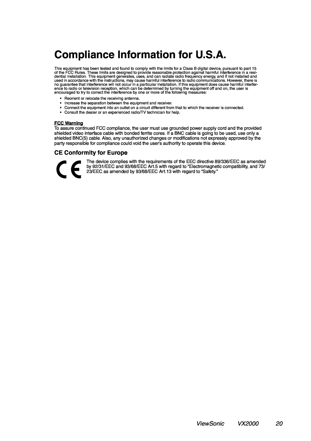 ViewSonic manual Compliance Information for U.S.A, CE Conformity for Europe, ViewSonic VX2000, FCC Warning 