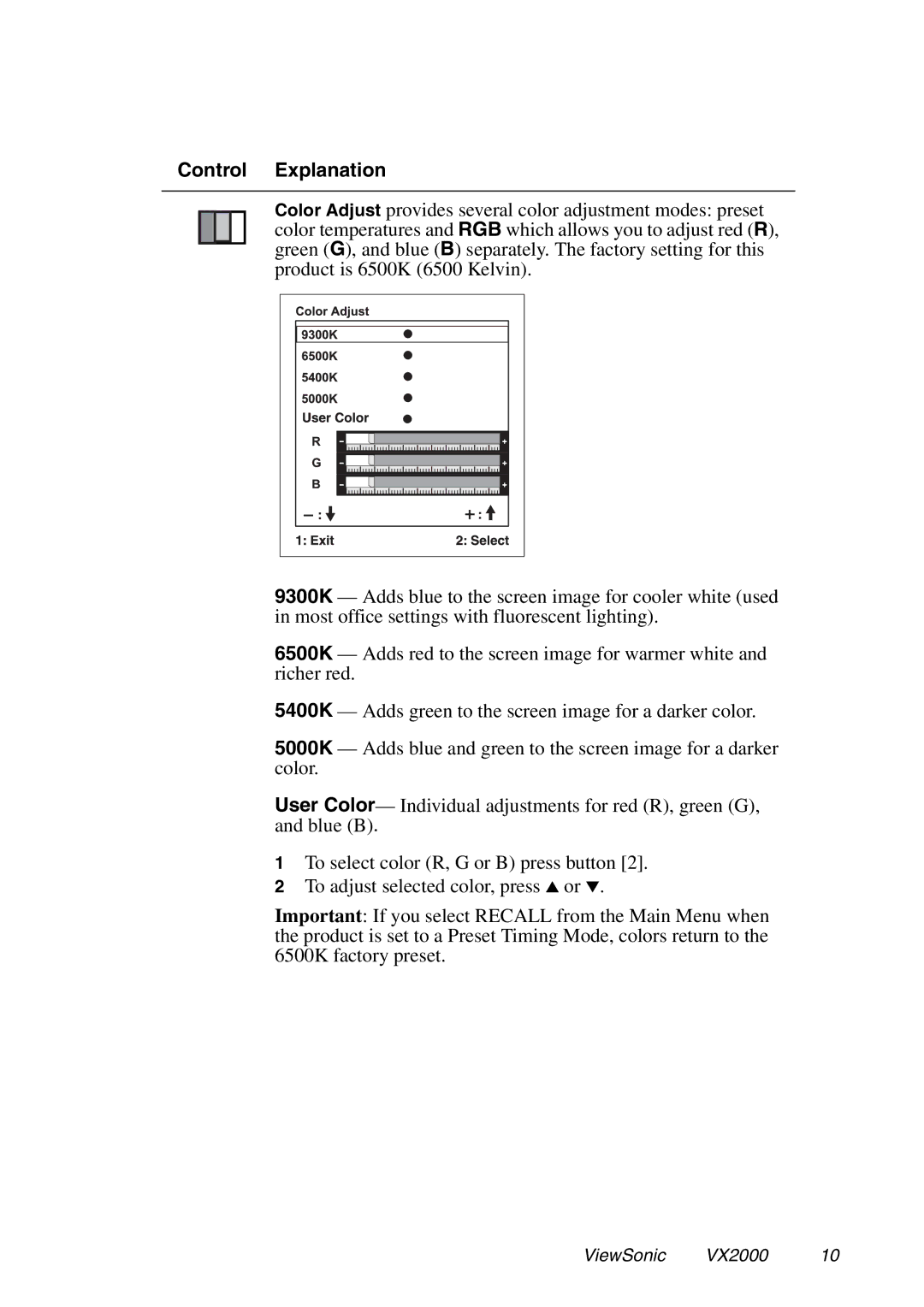 ViewSonic VX2000 manual Control Explanation 