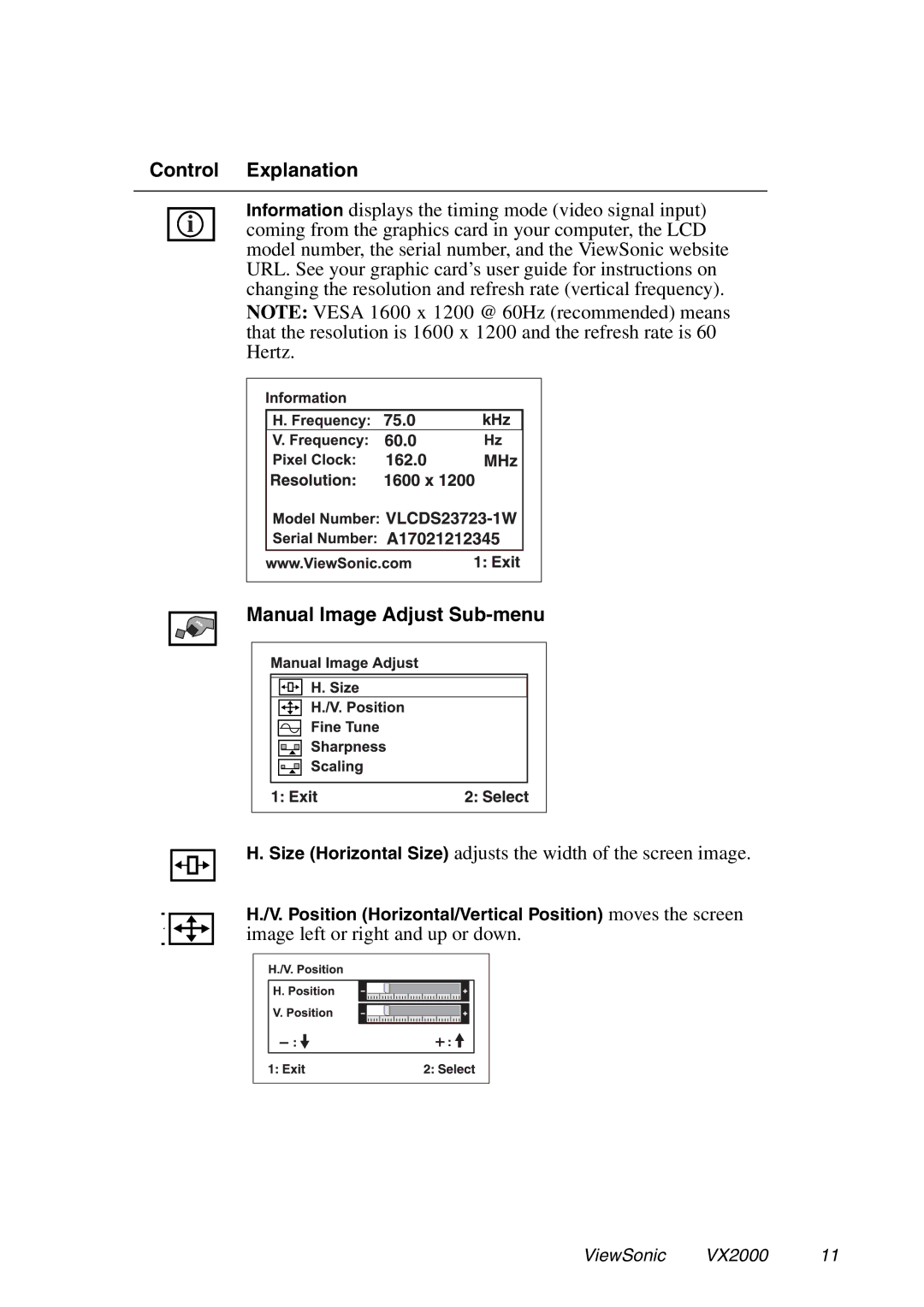 ViewSonic VX2000 manual Manual Image Adjust Sub-menu, Position Horizontal/Vertical Position moves the screen 