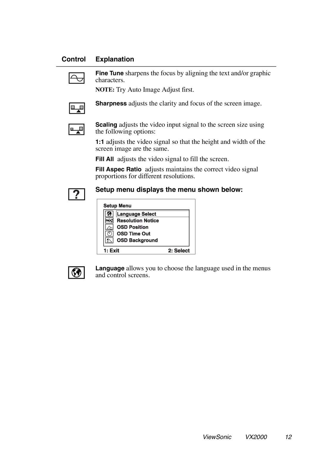 ViewSonic VX2000 manual Setup menu displays the menu shown below 