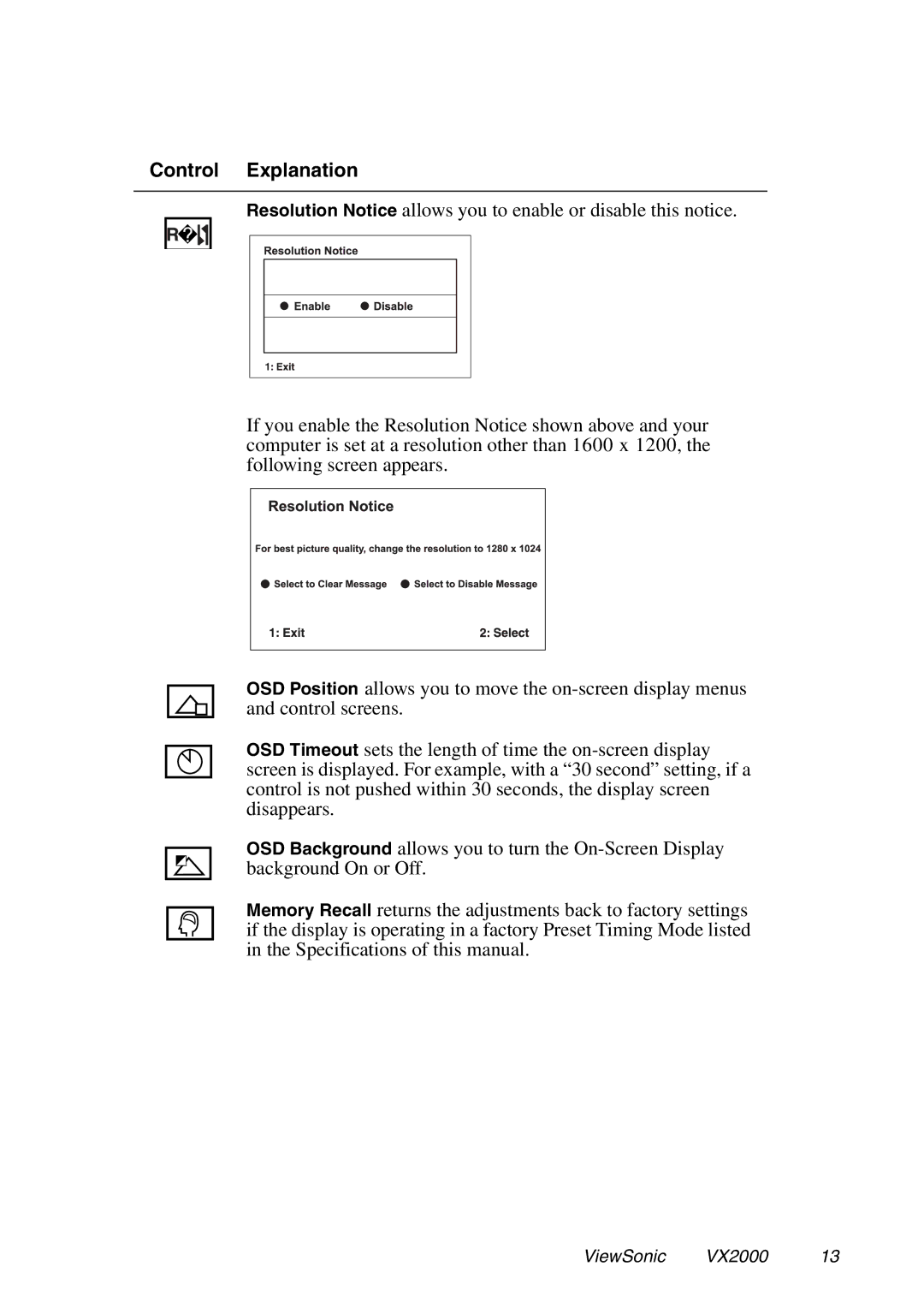 ViewSonic VX2000 manual Control Explanation 