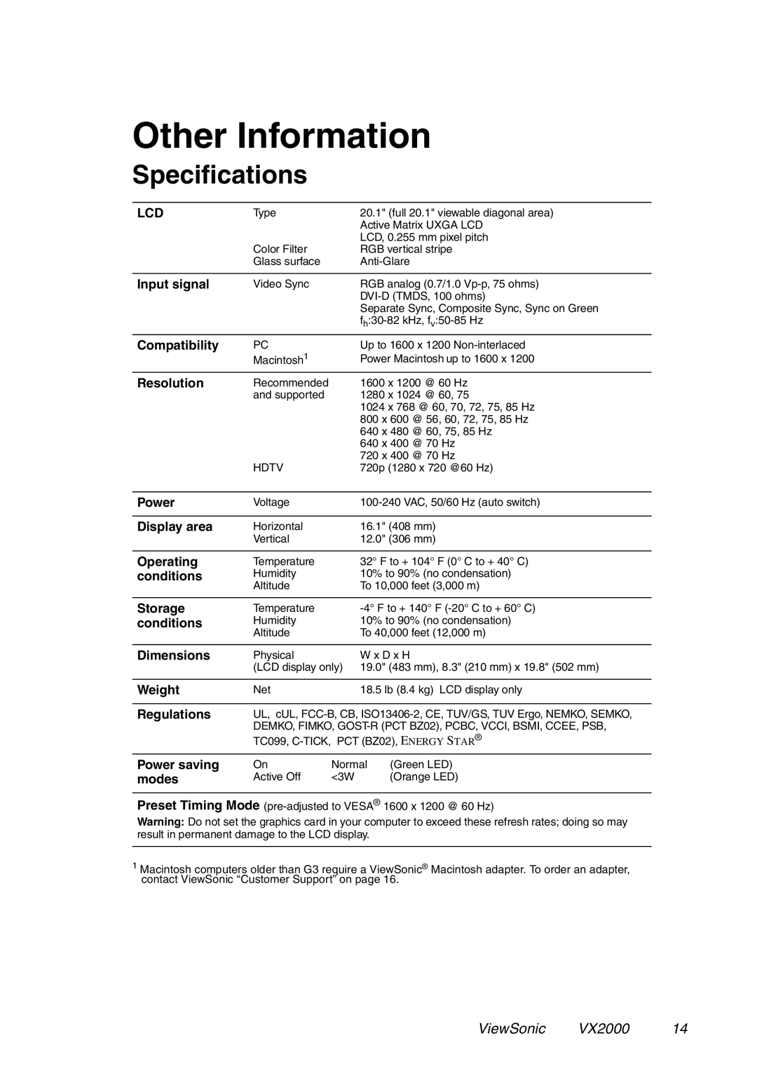 ViewSonic VX2000 manual Other Information, Specifications 