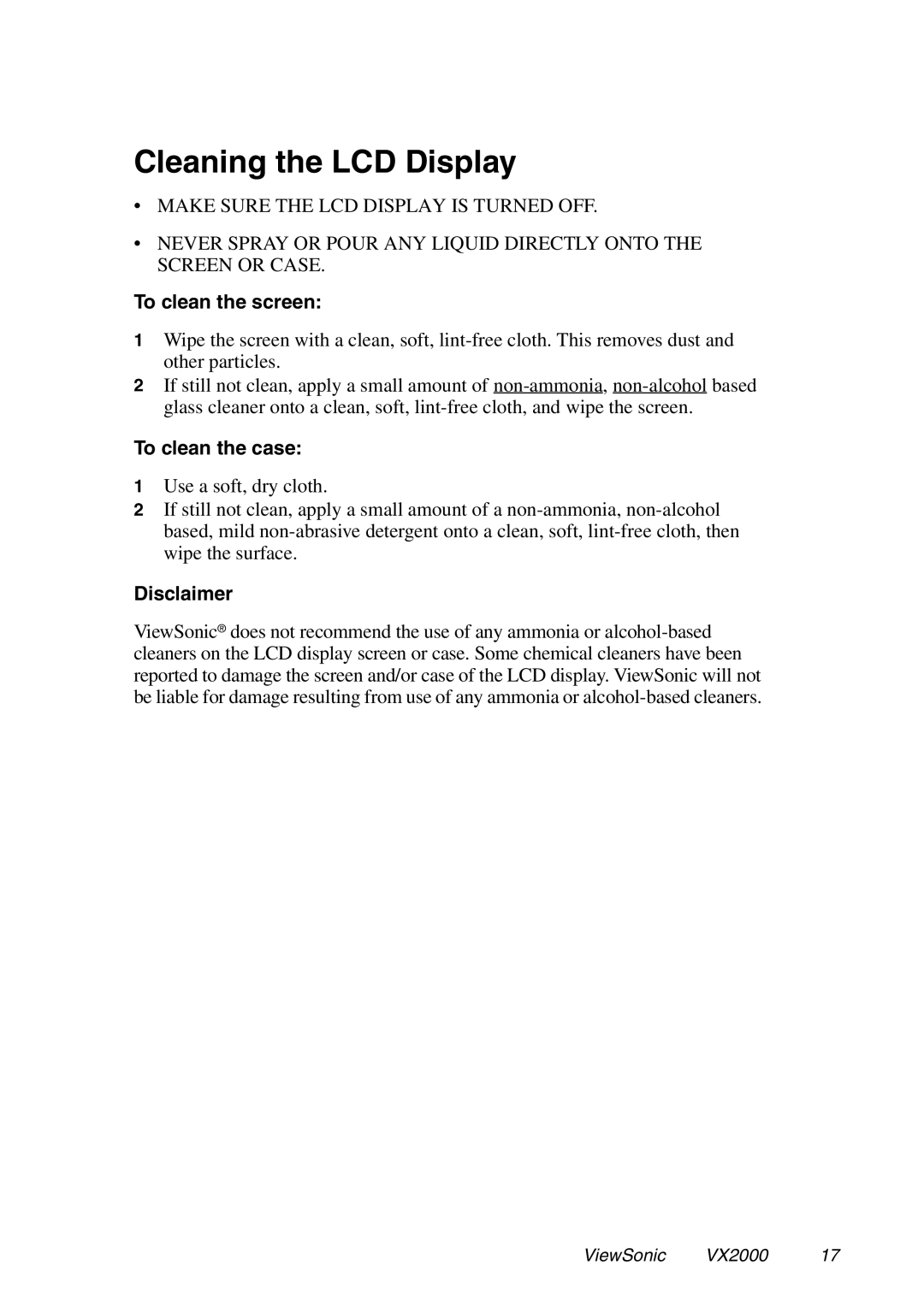 ViewSonic VX2000 manual Cleaning the LCD Display, To clean the screen, To clean the case, Disclaimer 