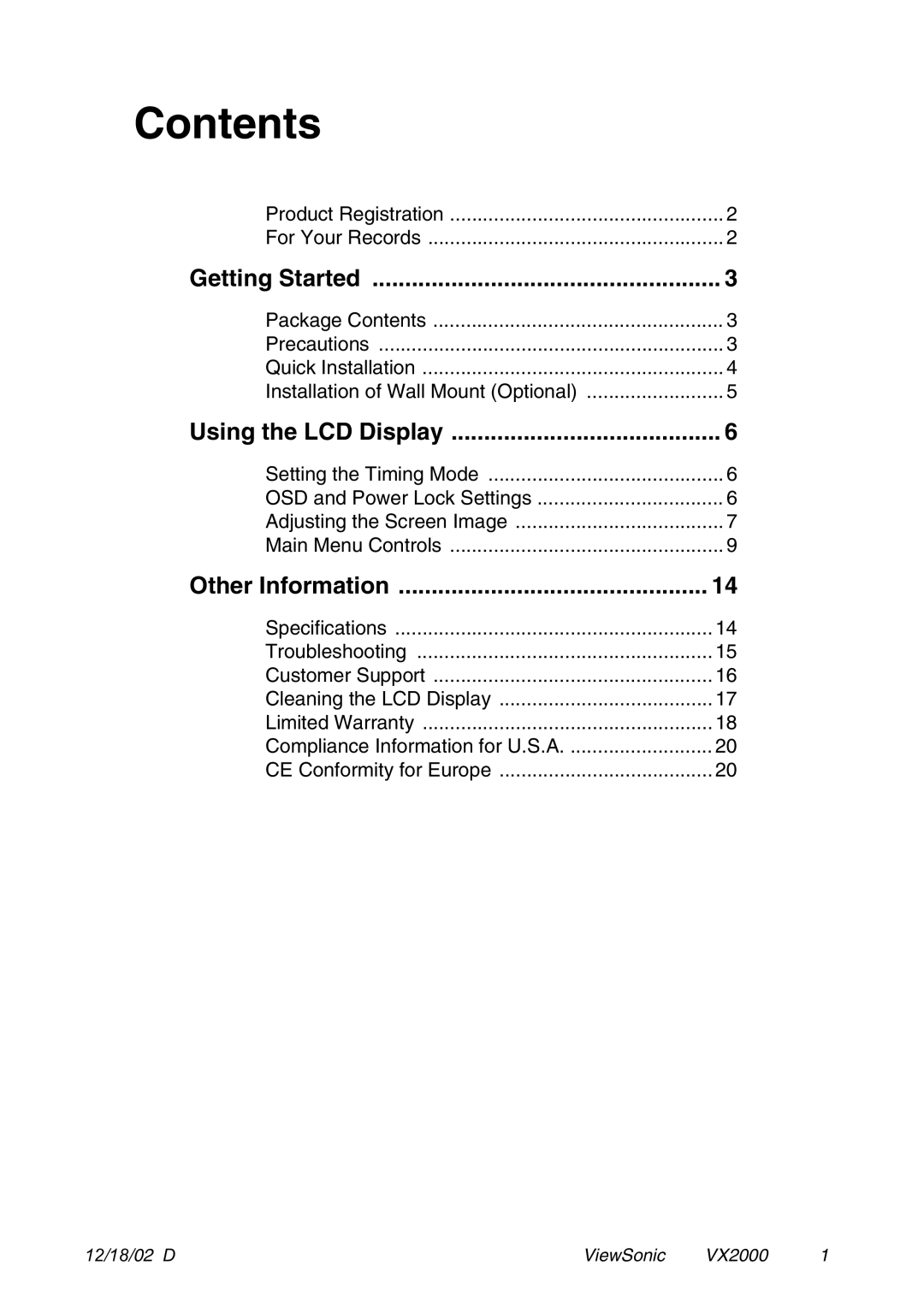 ViewSonic VX2000 manual Contents 