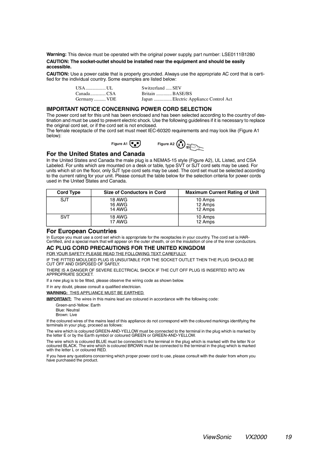 ViewSonic VX2000 manual For the United States and Canada, For European Countries 