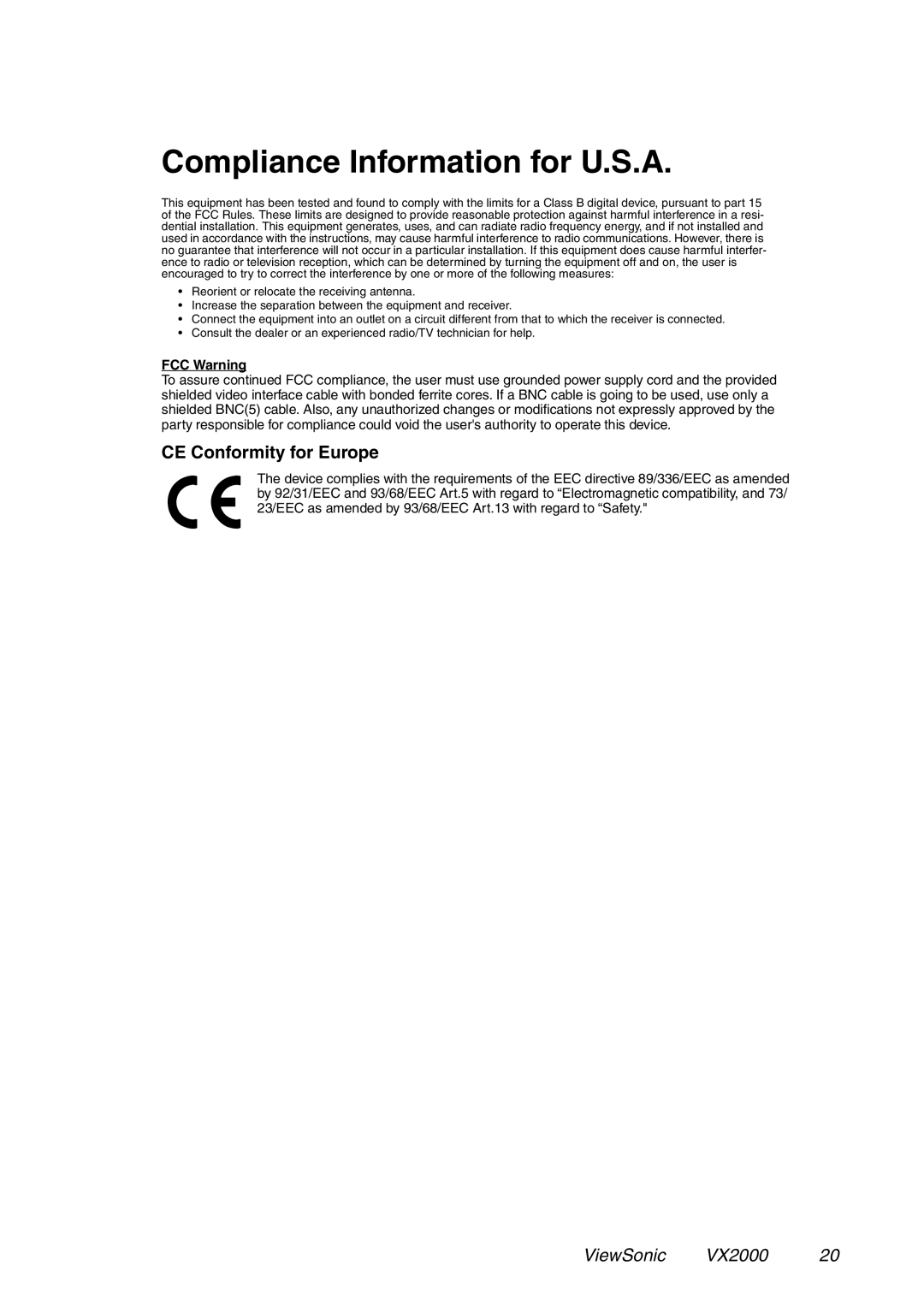 ViewSonic VX2000 manual Compliance Information for U.S.A, CE Conformity for Europe 