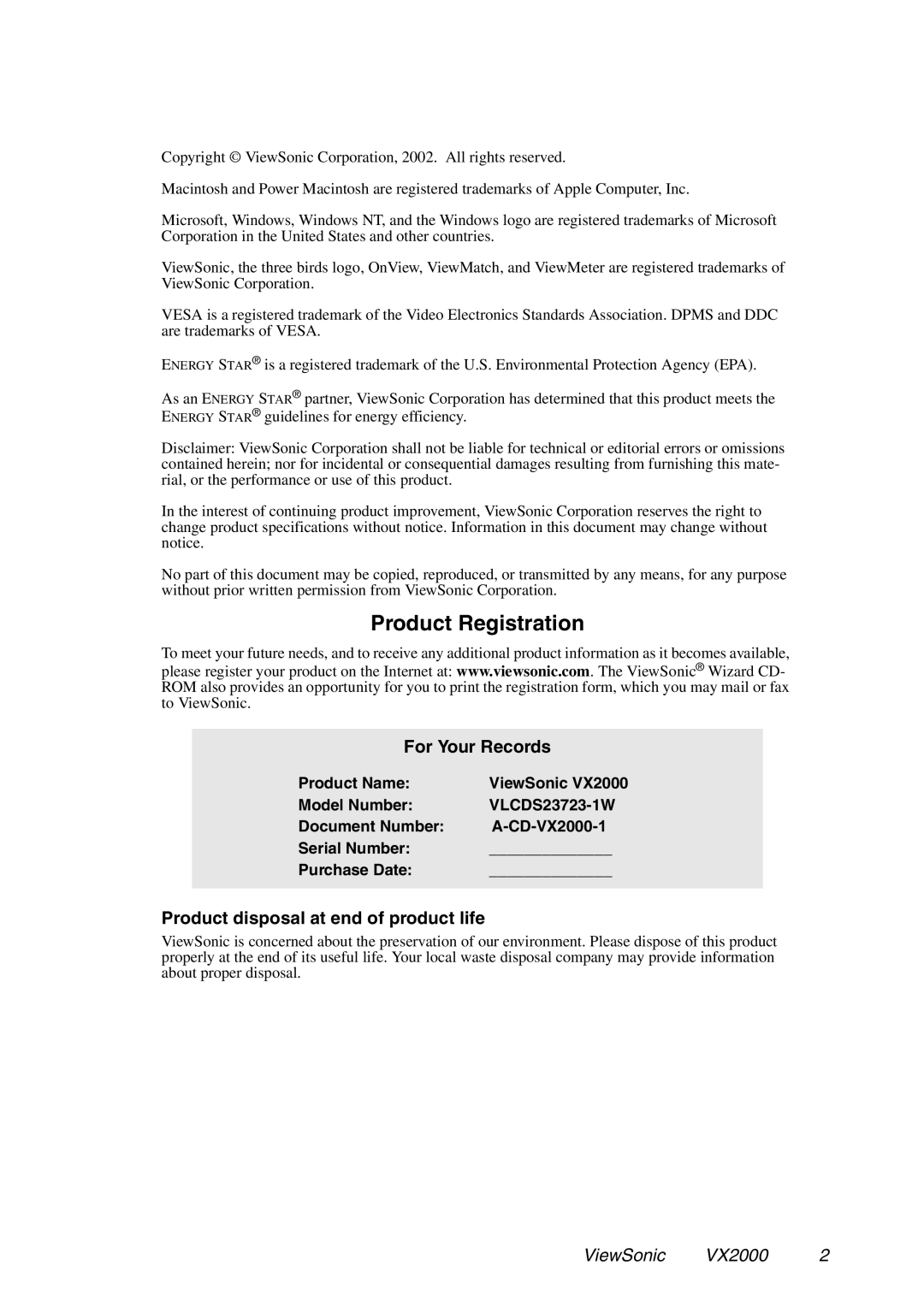 ViewSonic VX2000 manual For Your Records, Product disposal at end of product life 