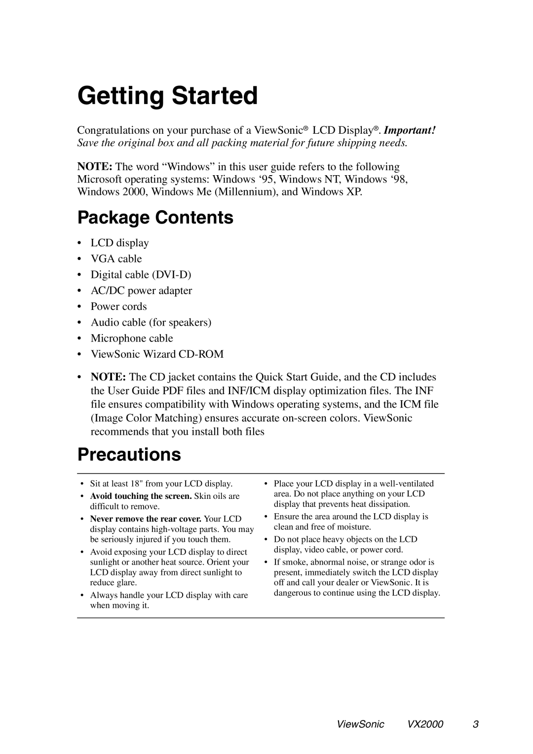 ViewSonic VX2000 manual Getting Started, Package Contents, Precautions 