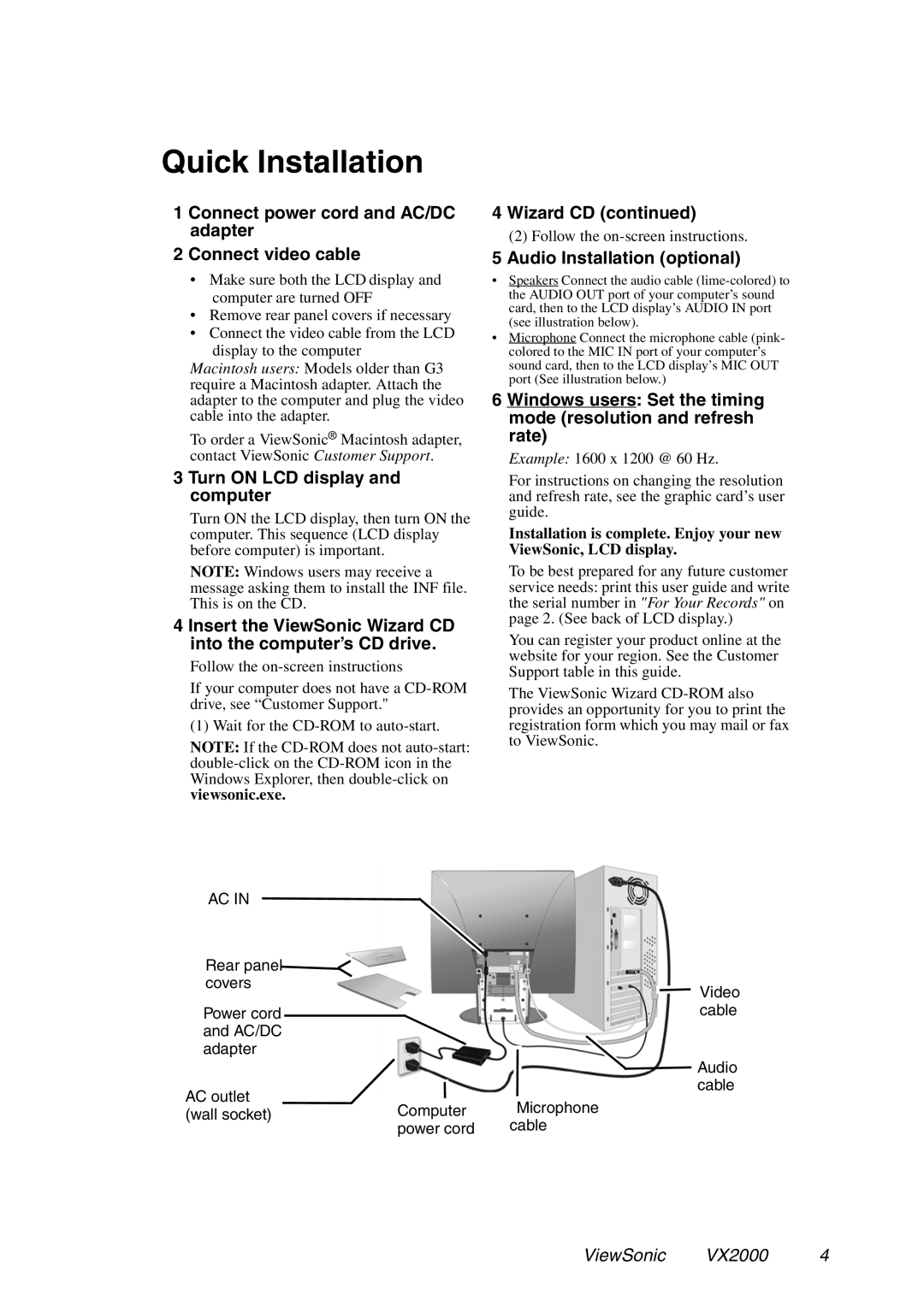 ViewSonic VX2000 manual Quick Installation 