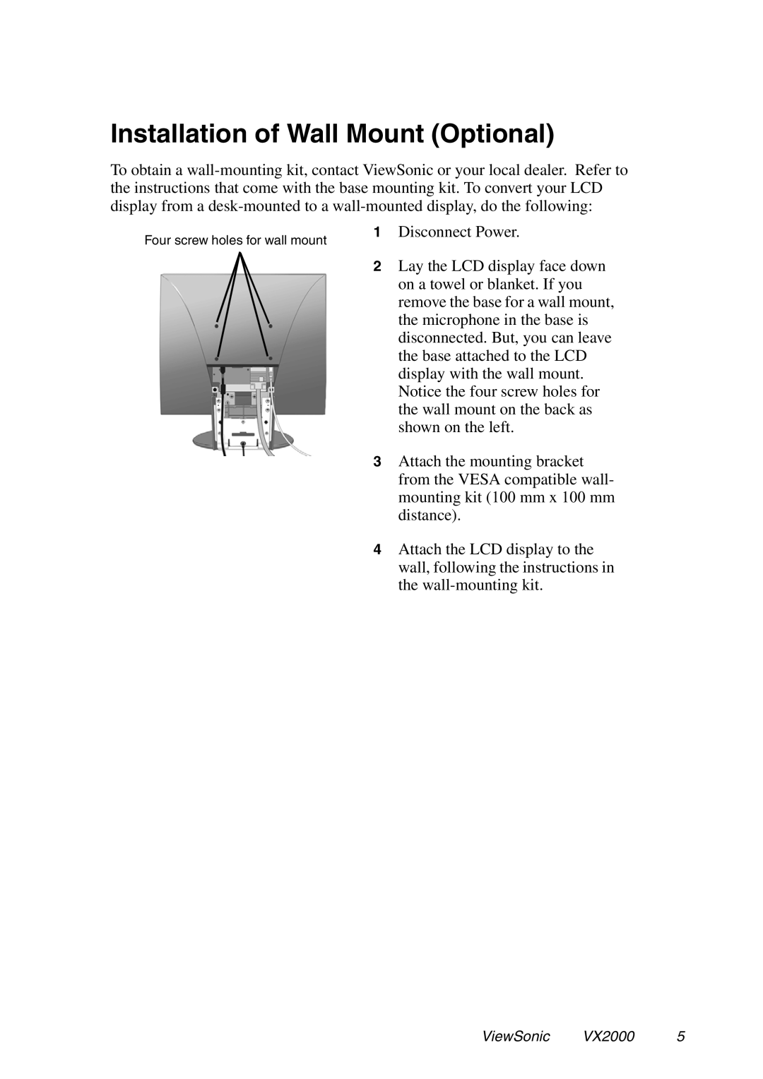 ViewSonic VX2000 manual Installation of Wall Mount Optional 