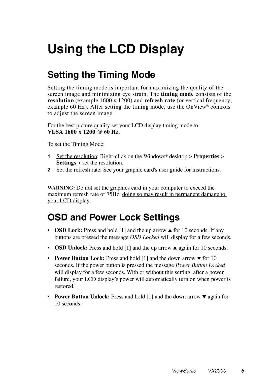 ViewSonic VX2000 manual Using the LCD Display, Setting the Timing Mode, OSD and Power Lock Settings 