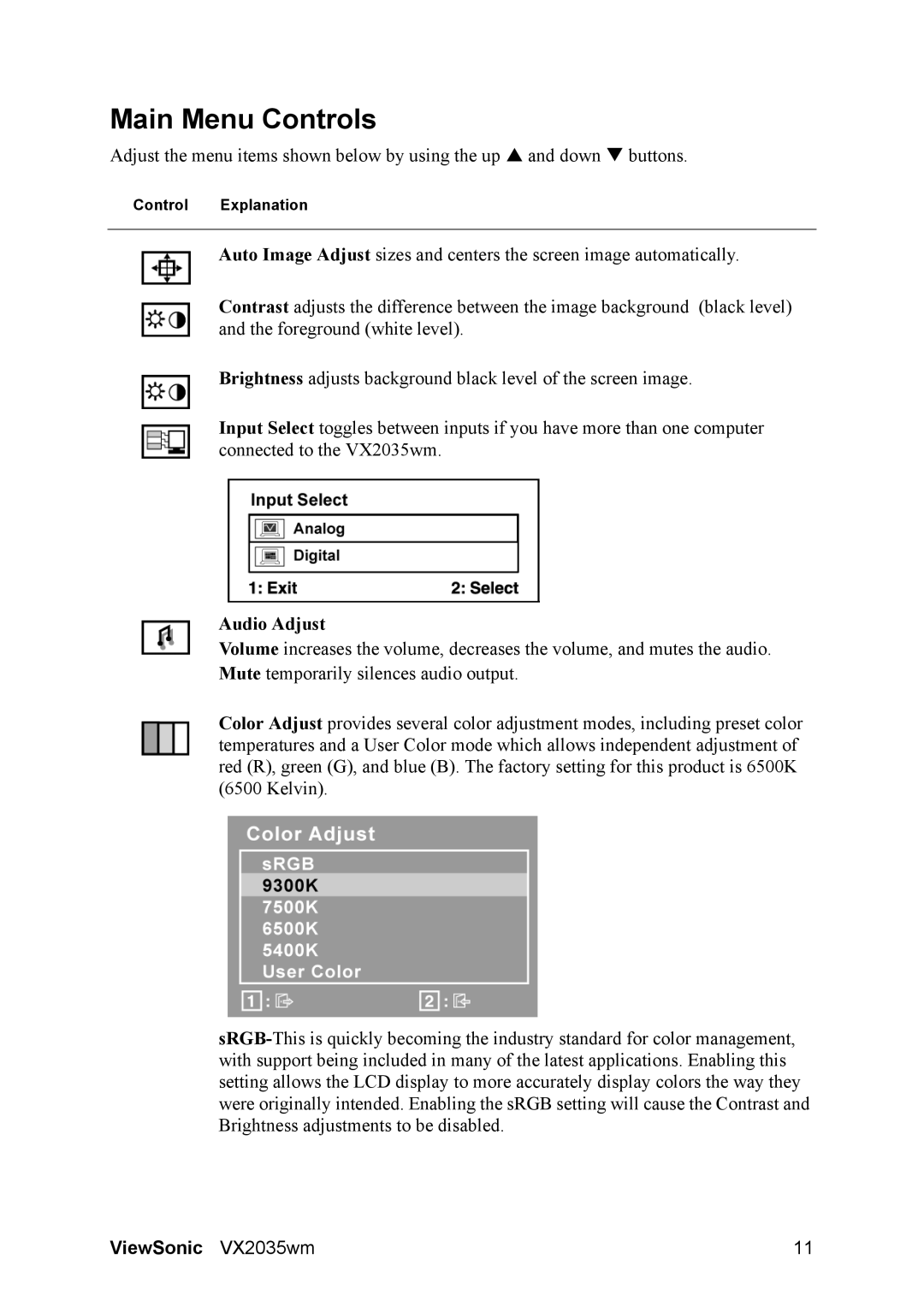 ViewSonic VS11435, VX2035wm manual Main Menu Controls, Audio Adjust 