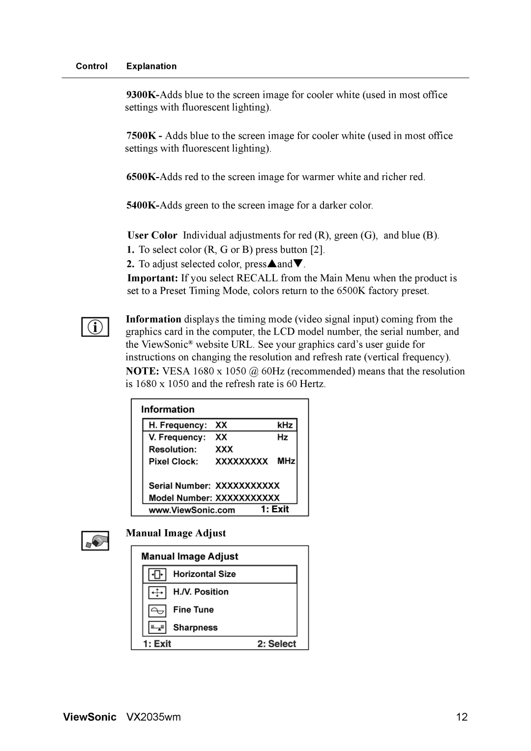 ViewSonic VX2035wm, VS11435 manual Manual Image Adjust 