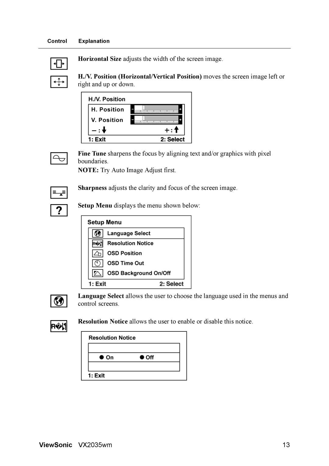 ViewSonic VS11435, VX2035wm manual Horizontal Size adjusts the width of the screen image 