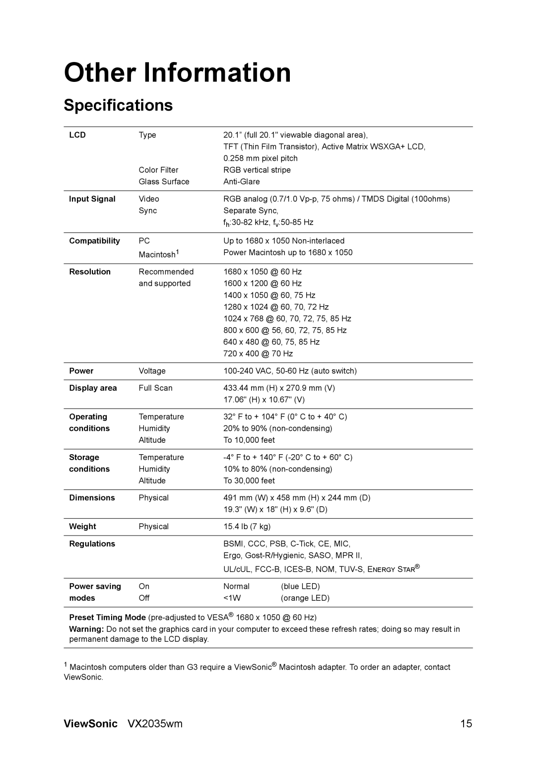 ViewSonic VS11435, VX2035wm manual Other Information, Specifications 