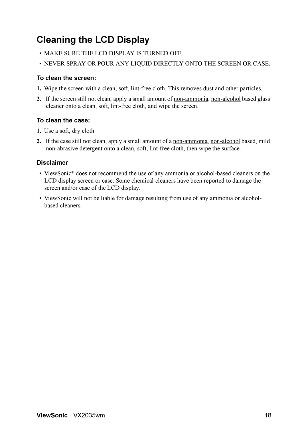 ViewSonic VX2035wm, VS11435 manual Cleaning the LCD Display, To clean the screen, To clean the case, Disclaimer 